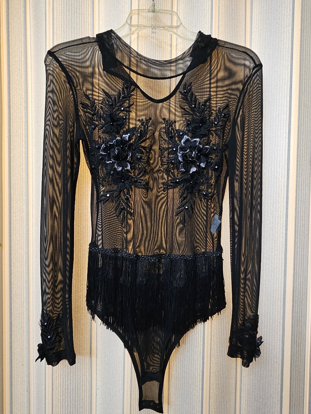 Sheer Black Embroidered Fringe Bodysuit - Women Tops